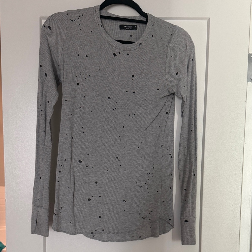 Michael Lauren Gray Long-Sleeve Crewneck with Black Splatter